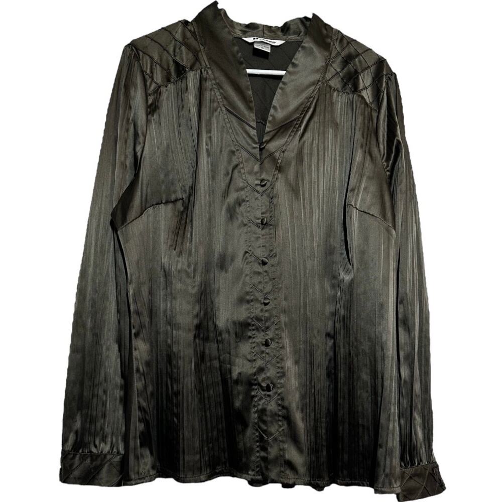 NYGard Collection Silky Button Down Shirt Pleated Long Sleeve Collared Brown 16